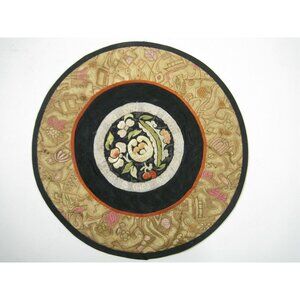 Vintage Asian Chinese Embroidered Silk Art Floral Panel Handmade Textile Round